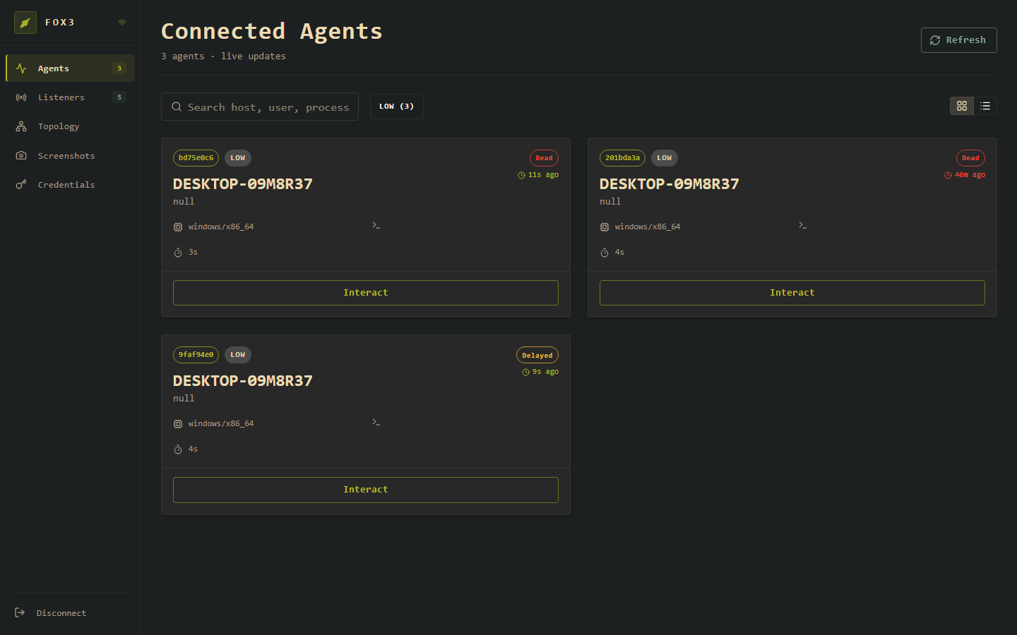 fox3 Connected Agents — DESKTOP-09M8R37, LOW, Delayed, windows/x86_64, 4s sleep