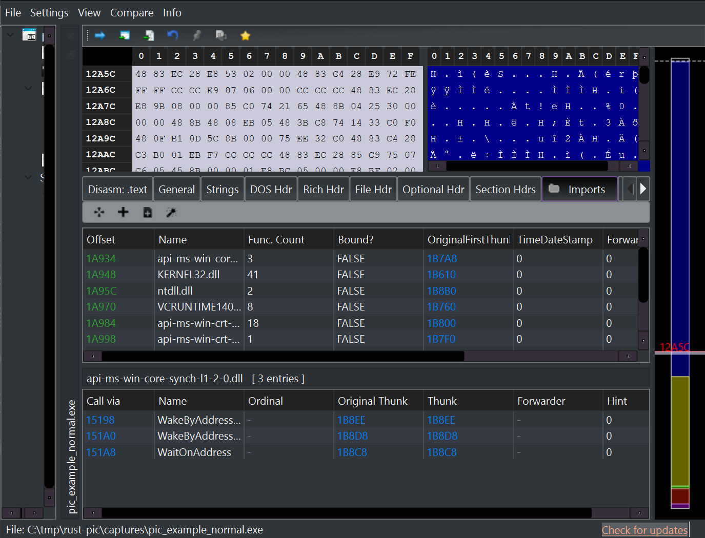 Normal Rust binary imports in PE-bear