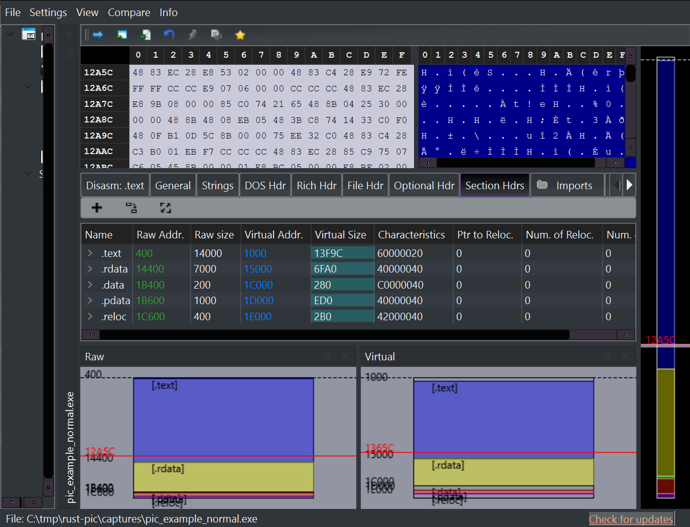Normal Rust binary in PE-bear showing multiple sections