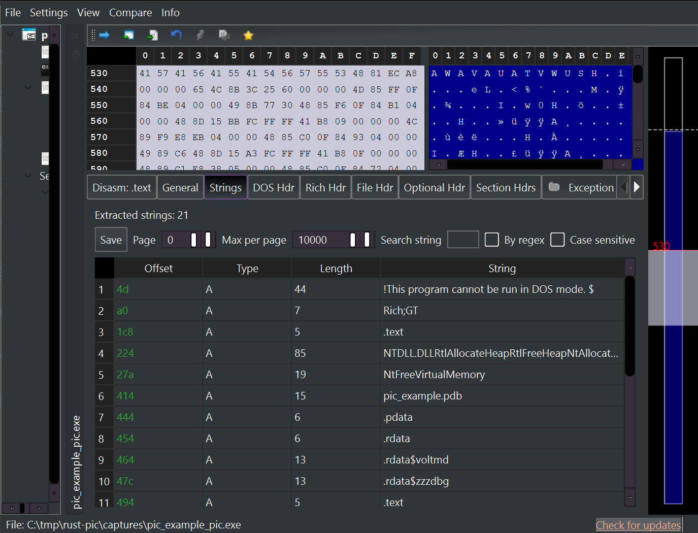 Position-independent build Strings view in PE-bear showing plaintext API names