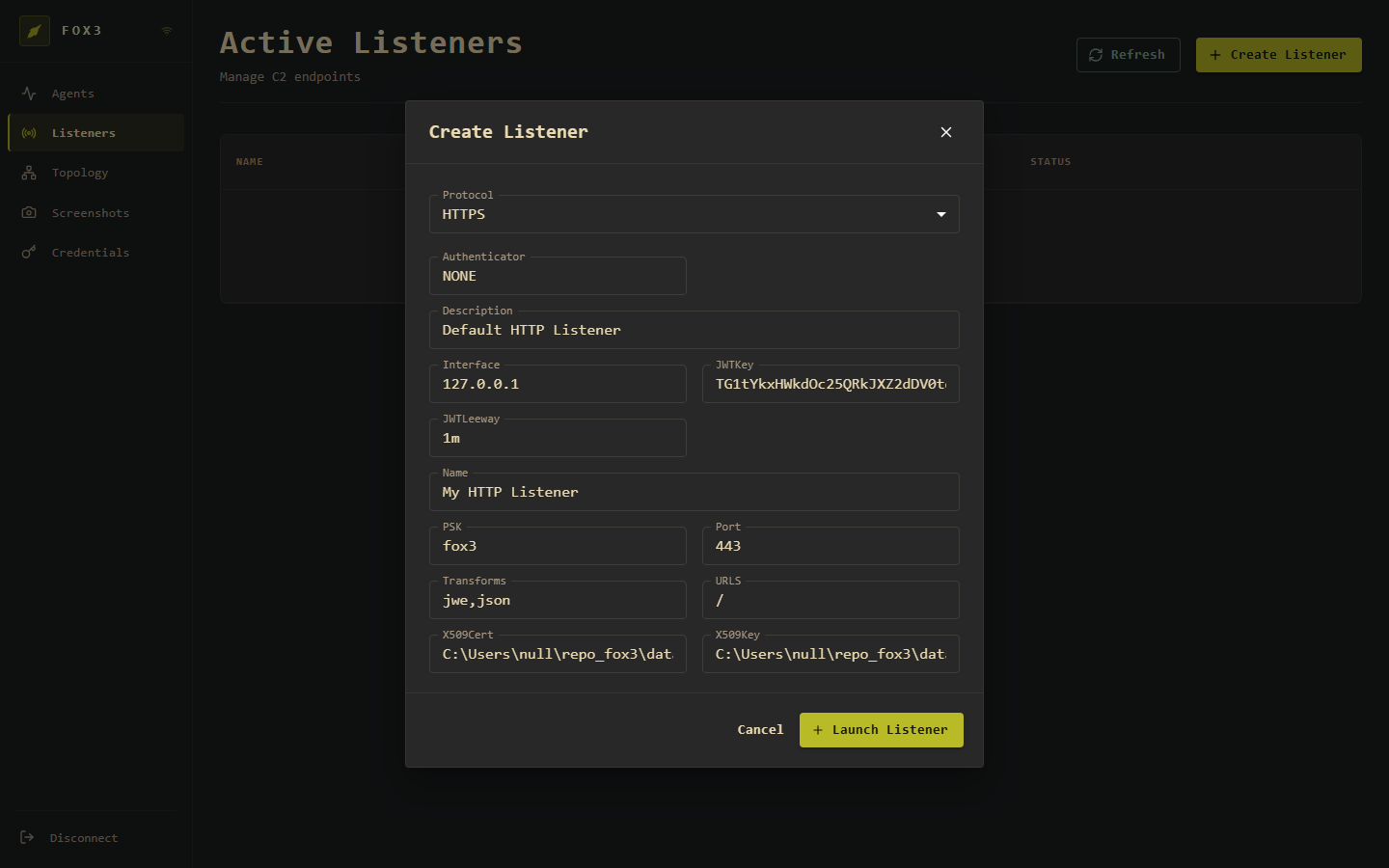 Create Listener dialog