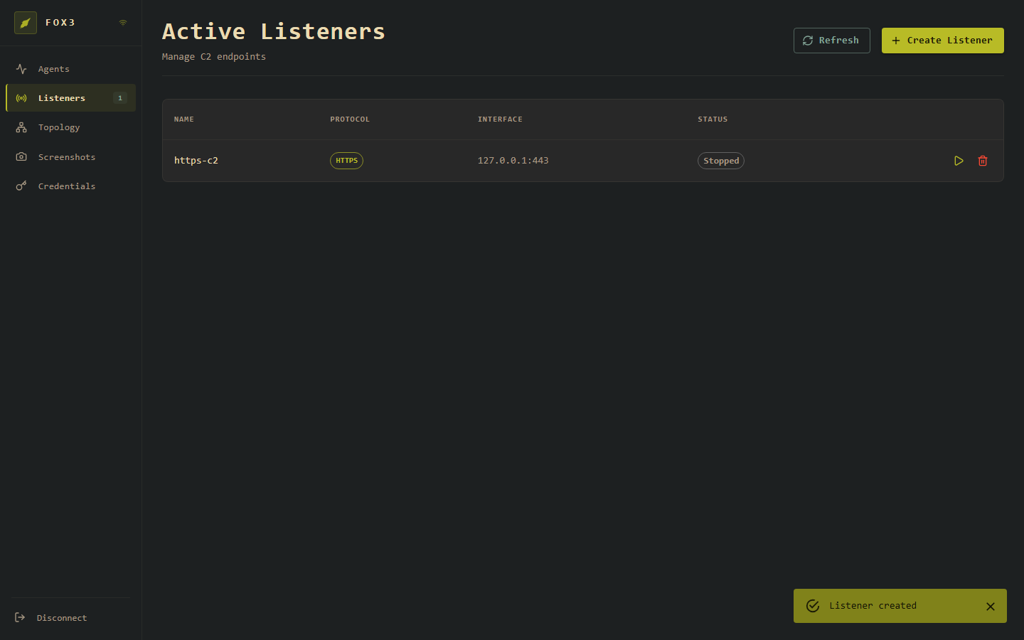 Listeners table with active listener